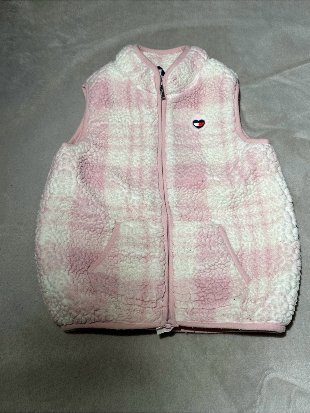 Tommy Hilfiger Girls 5T Sherpa Vest Pink White Plaid Full Zip
